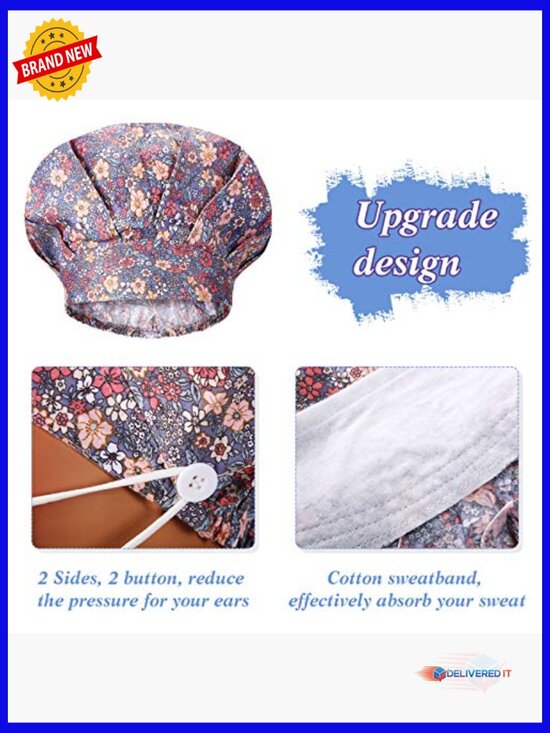 12 Bouffant Caps Adjustable Nurse Hats with Buttons Sweatband Printed main image 7